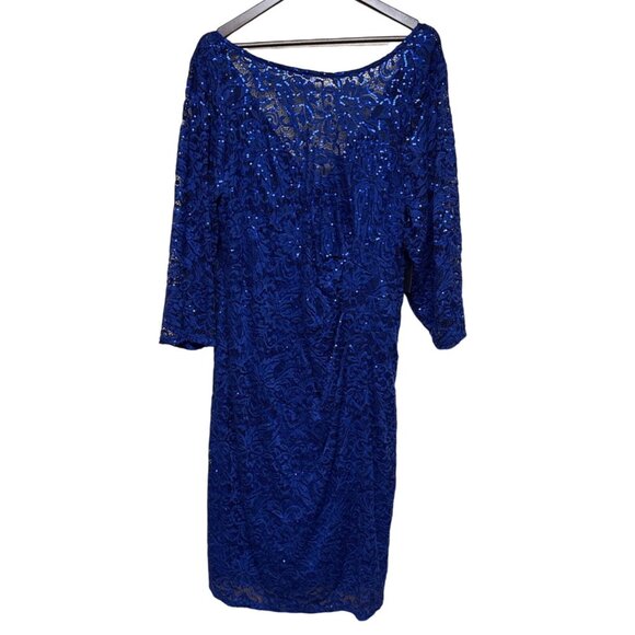 Marina Women's Dress Sequin Lace Overlay Cocktail Blue Back Zip Knee Length 22W - Picture 1 of 13